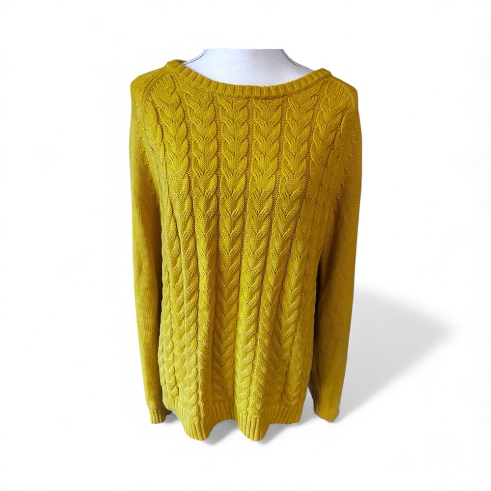 Lands' End Drifter Yellow Cable Knit Sweater‎ XL Cotton Preppy Classic Fisherman